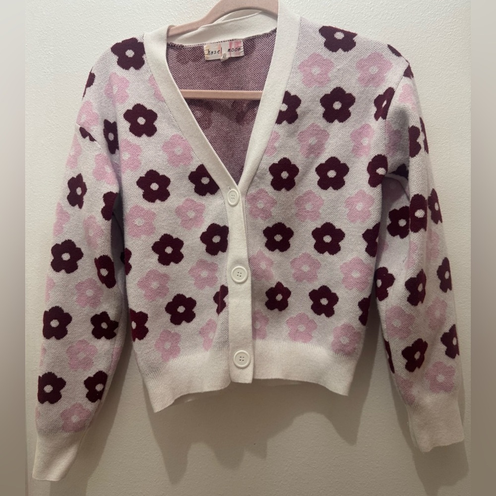 Floral V-Neck Button Cardigan - White with Pink & Burgundy Flowers - Picture 2 of 5
